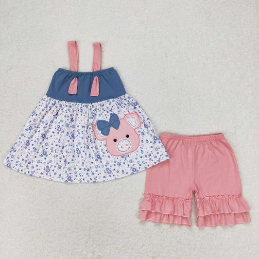 kids floral pig print ruffle shorts set