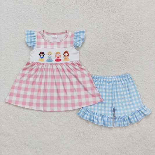 pink blue princess print ruffle shorts set