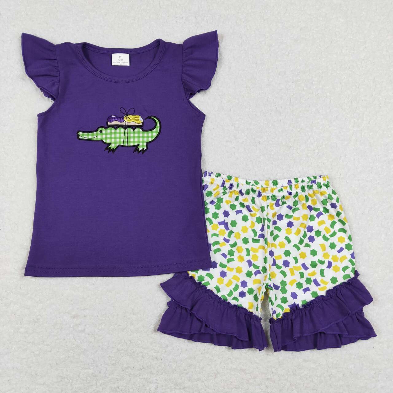 girl madi gras crocodile embroidery ruffle shorts set