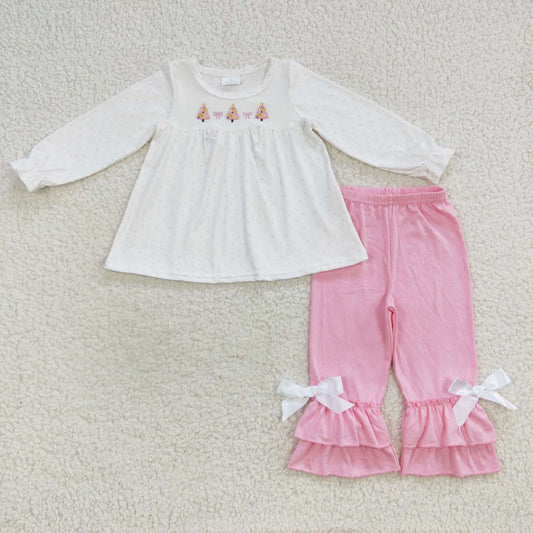 Polk dots christmas tree embroidery pink ruffle pants set girl outfit