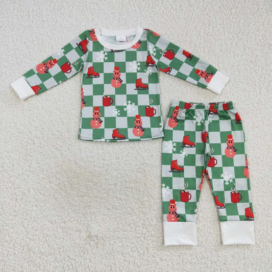 christmas green checkered snowman skate little boy pajama set