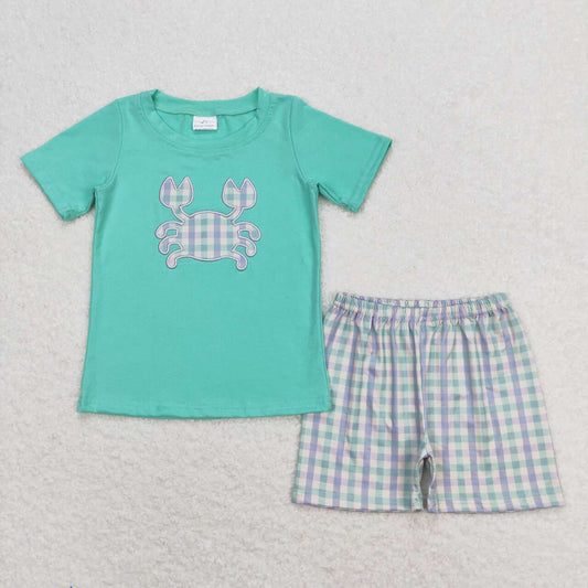 baby boy clothes embroidery crab shorts set