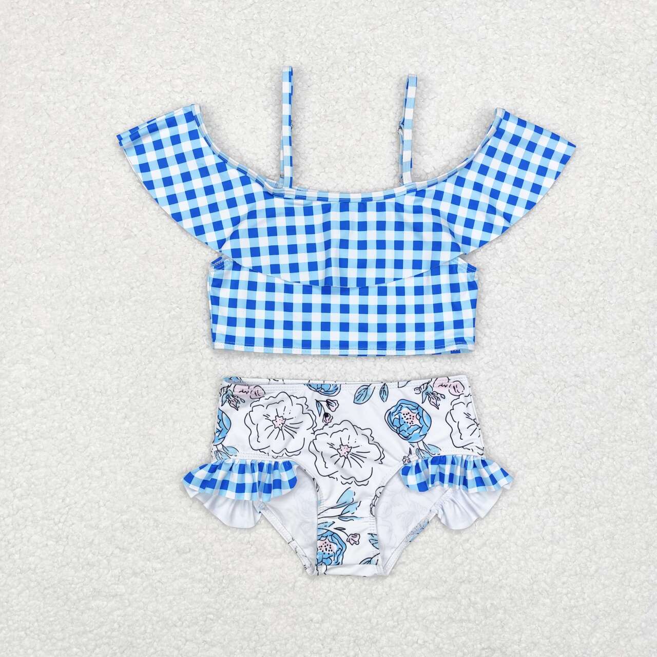 blue plaid floral two piece swimsuit girls swimwear