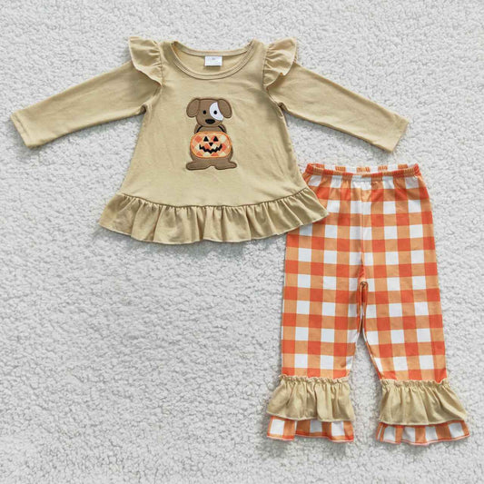 trick or treat puppy embroidery outfit girls pants set