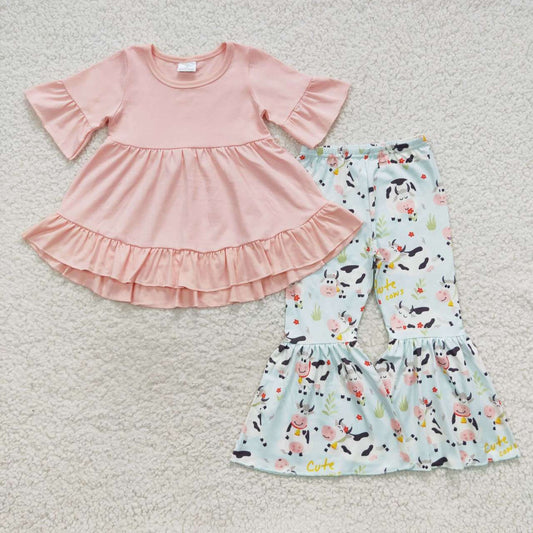 Pink dress top cute cows print bells set
