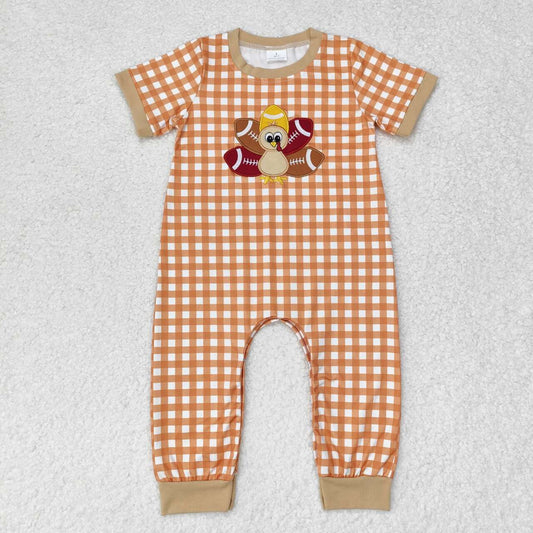 short sleeve plaid turkey embroidery romper