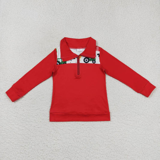 little boy red farm print zip up pullover