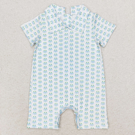blue crab print baby boy polo rompers