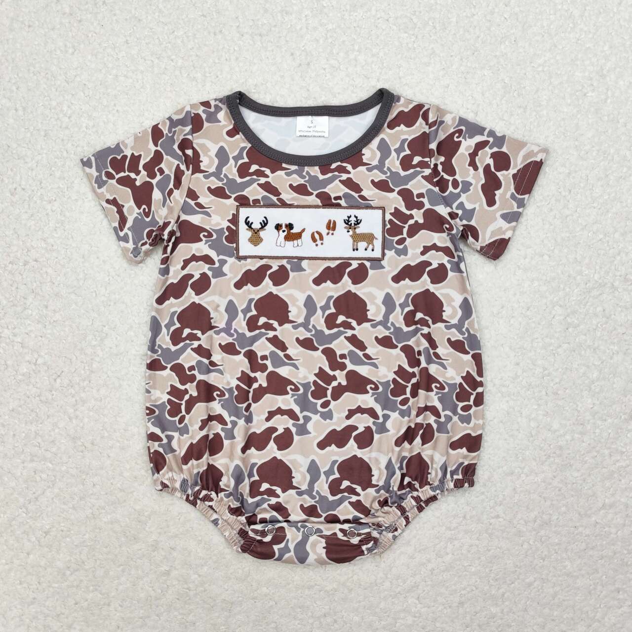 Embroidery short sleeves dog deer camo baby boy romper
