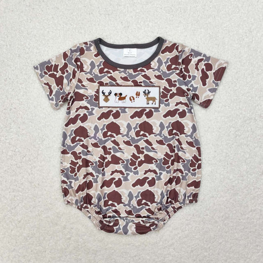 Embroidery short sleeves dog deer camo baby boy romper
