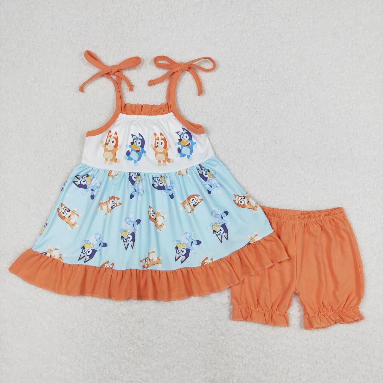 summer orange cartoon dog print suspender shorts set girl’s outfit