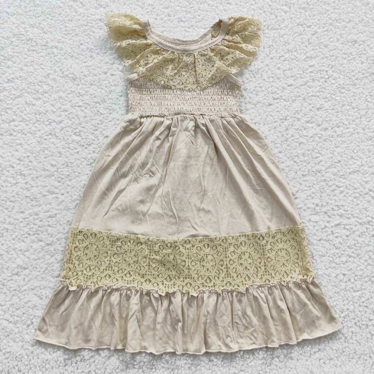 smocked cotton sleeveless cream ruffle lace long dress