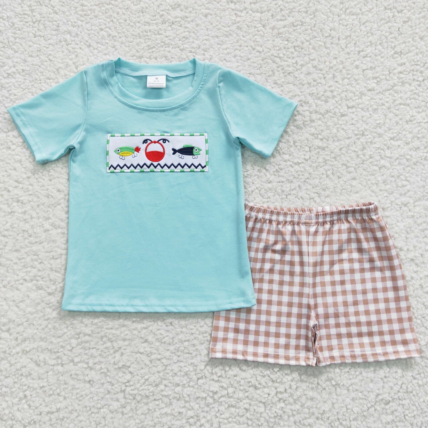 fish hook embroidery boy shorts set