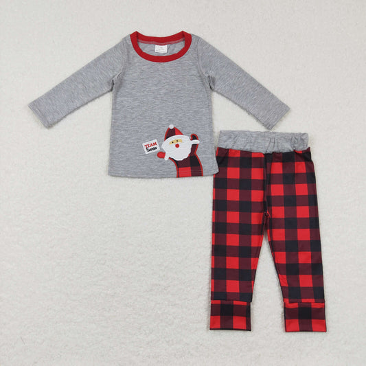 kids boy christmas santa embroidery plaid pants set