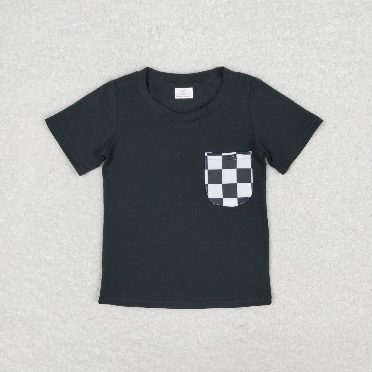 black tee with checkered pocket boy