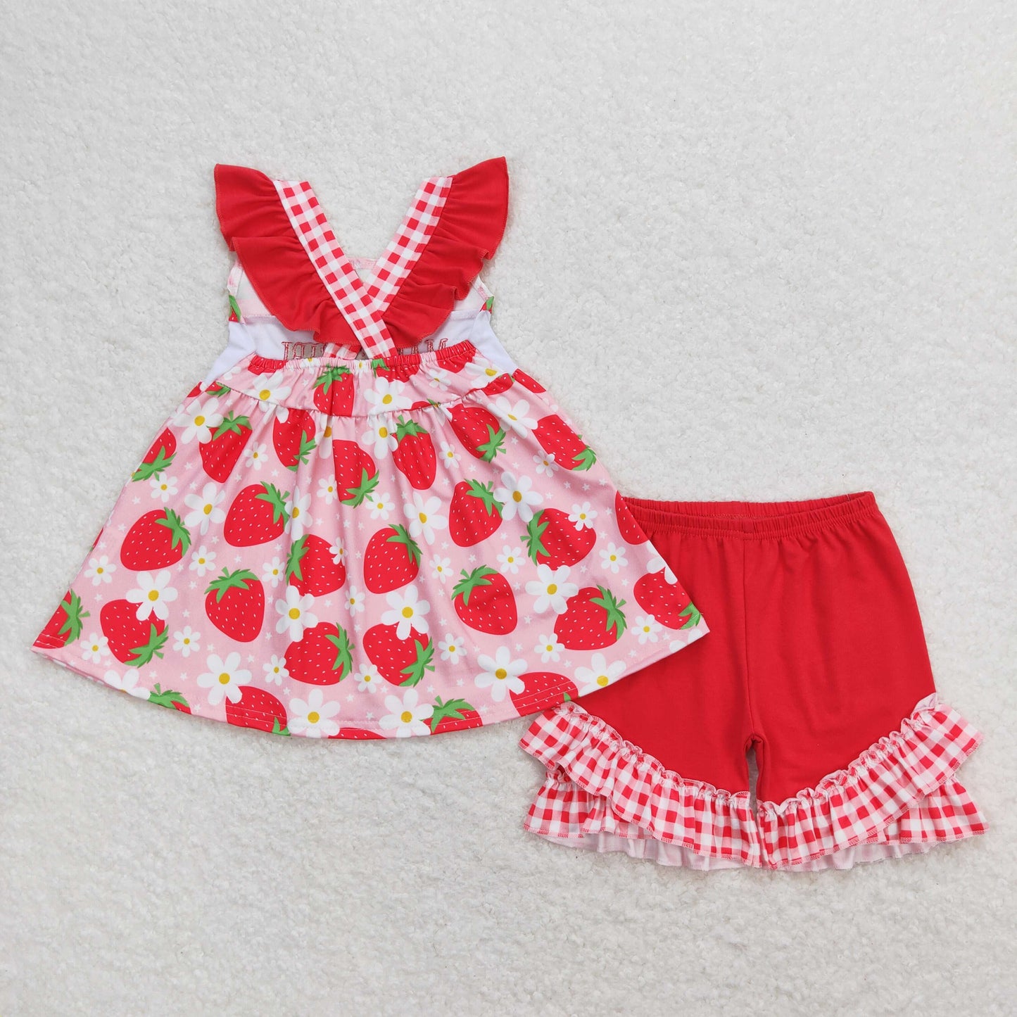 strawberry mama's girl embroidery shorts set