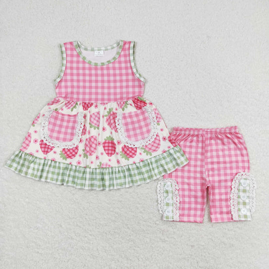 pink plaid strawberry shorts set with pocket girl clothing