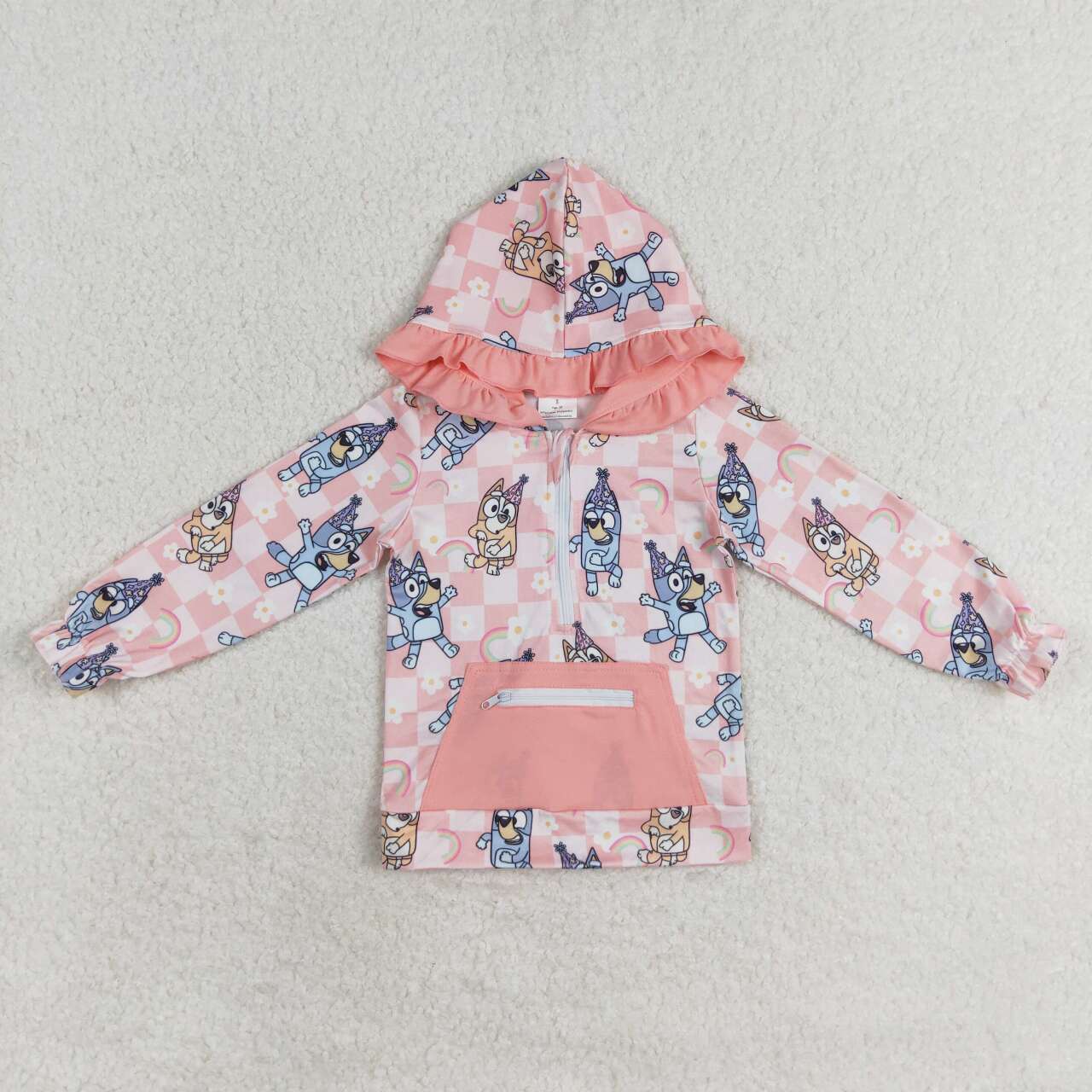 pink checkered blu*y girls zip hoodie top with pocket