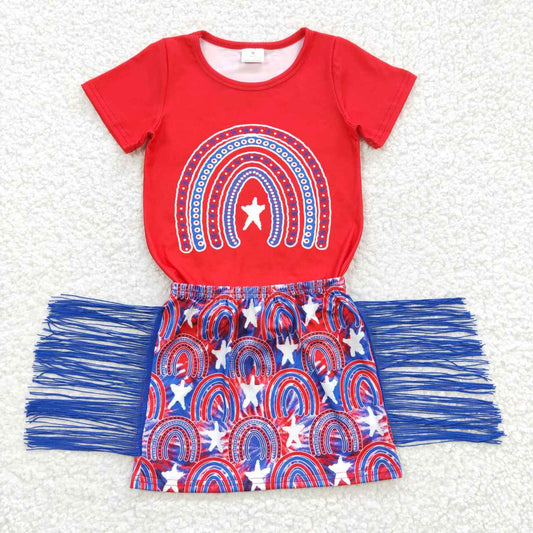 4th of july tie dye rainbow fringe skirt girl clothes set