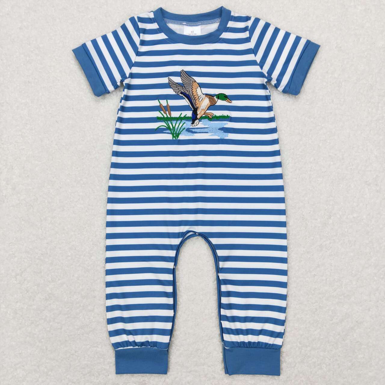 baby boy blue stripe duck embroidery romper