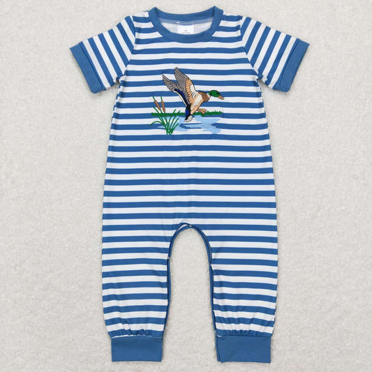 baby boy blue stripe duck embroidery romper