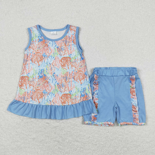 sleeveless sea floral girl shorts set summer clothes