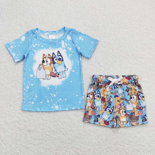 blue dog shorts set boy’s summer outfit