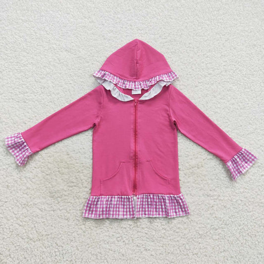 solid cotton hot pink plaid ruffle zipper hoodie jacket