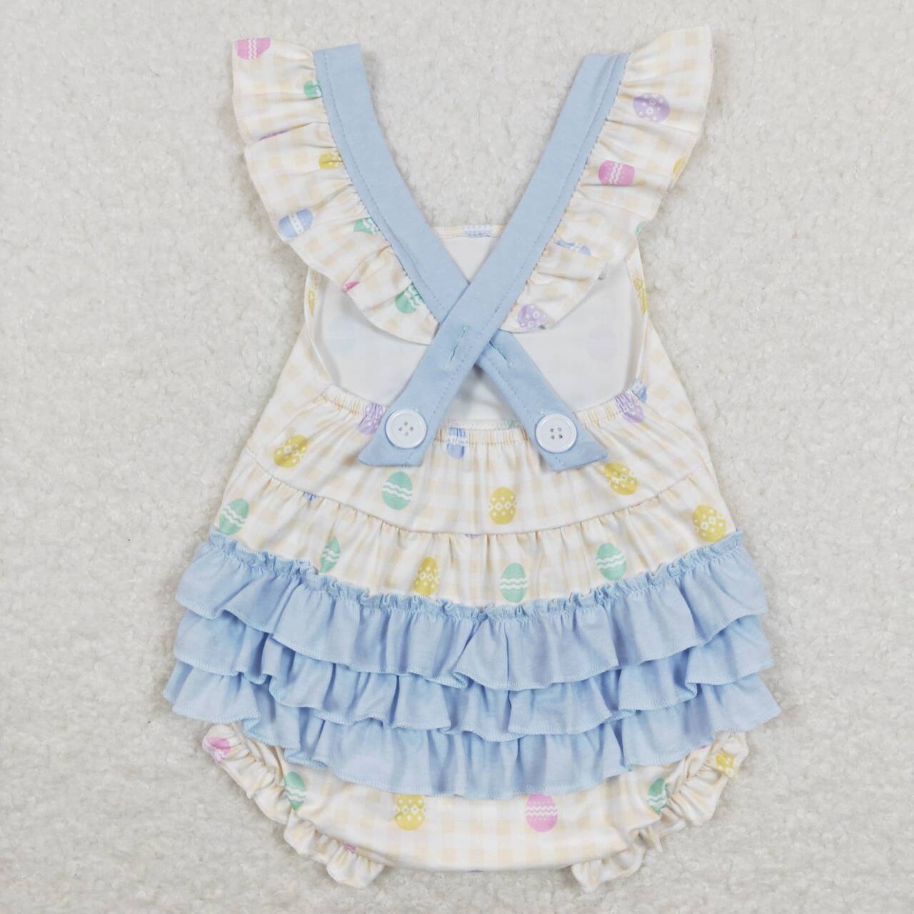 baby flutter easter egg ruffle cross romper