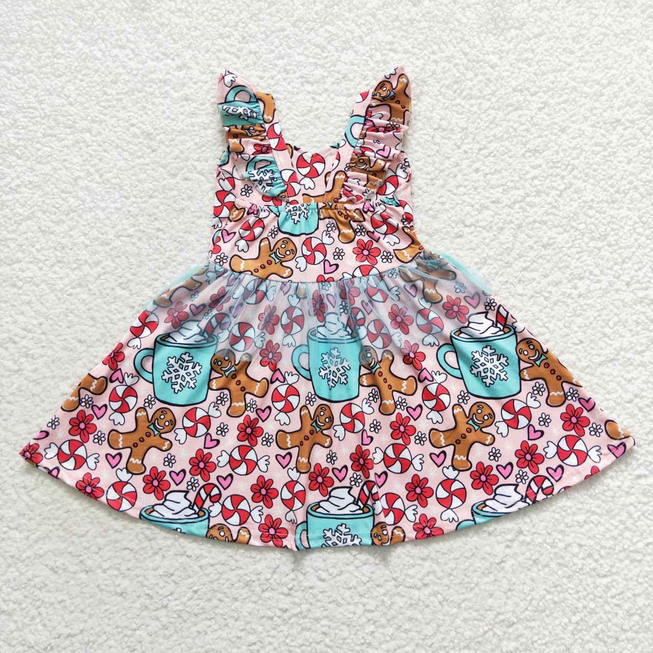 christmas flutter sleeve gingerbread candy cup print twirl dress