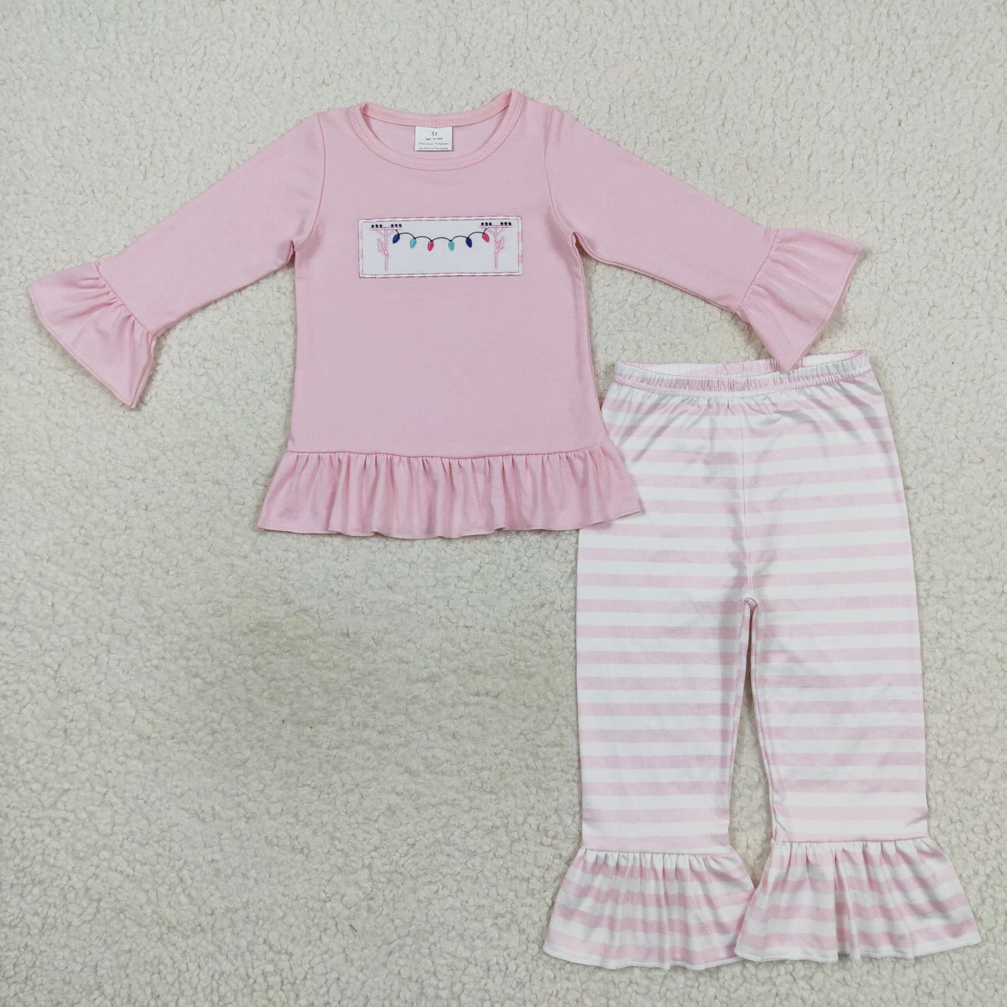 pink lineman christmas light embroidery ruffle pants set