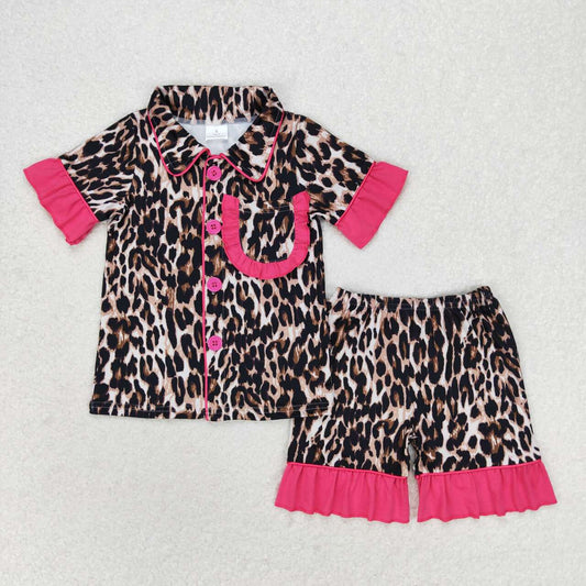 fashion hot pink ruffle leopard shorts button pajama girl