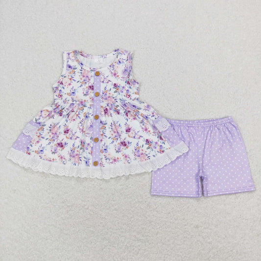 spring purple floral pocket shorts set girl summer clothes