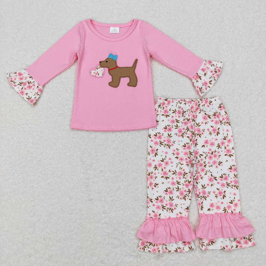 kids girl pink valentine dog embroidery floral ruffle pants set