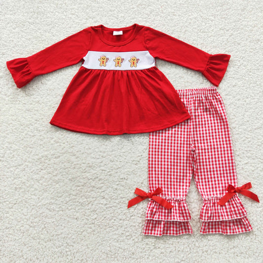 Red gingerbread embroidered gingham pants set