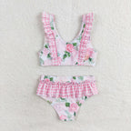 pink floral two piece ruffle swimsuit girl swimwear