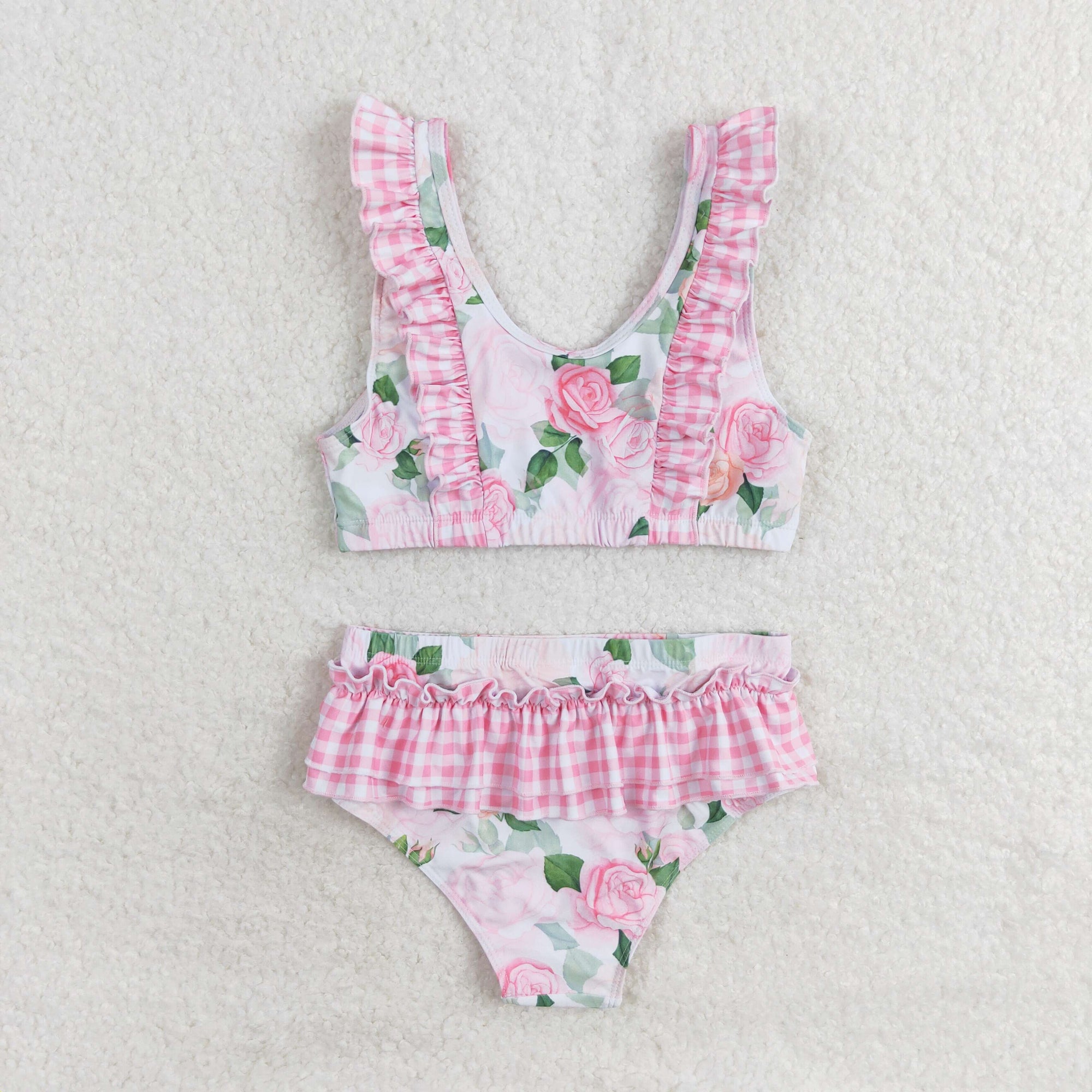 pink floral two piece ruffle swimsuit girl swimwear