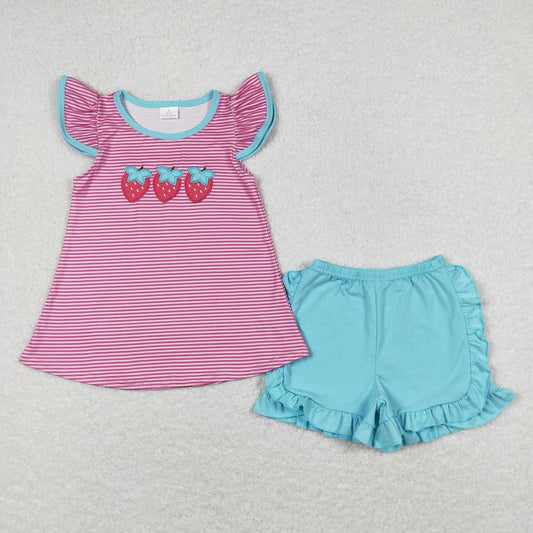 children clothes set girl summer strawberry embroidery shorts set