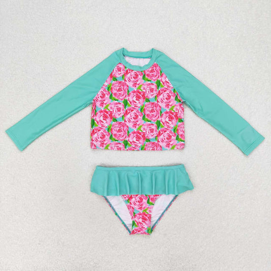 pink flower two piece rash guard swimsuit girl swimwear