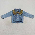 Fashion Good Quality Golden Sequins Blue Denim Jacket