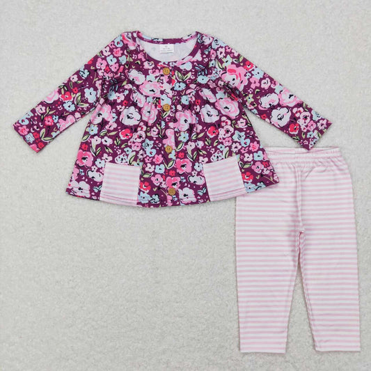 floral button pocket tunic pink stripe legging set girls fall outfit