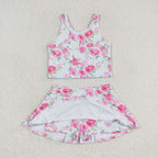 Rosy Hot Pink Florals Girls Tankini & Skort Swim or Yoga Set