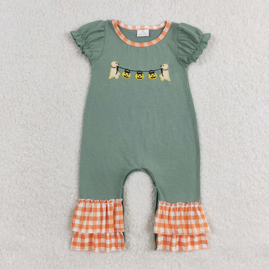 dog and pumpkin embroidery girls halloween romper