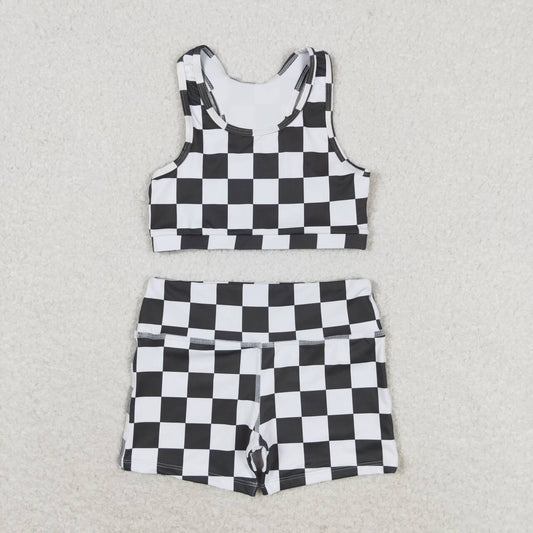 kids girl summer yoga suit black checkered