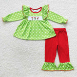 Green dots embroidered red pants set little girl christmas outfit