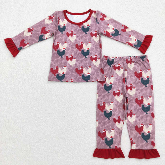 girl Christmas chicken print ruffle pajama set