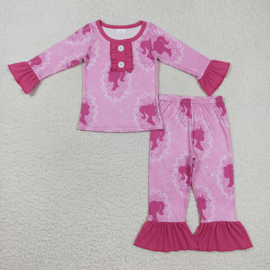 2pieces hot pink doll print ruffle pajama set