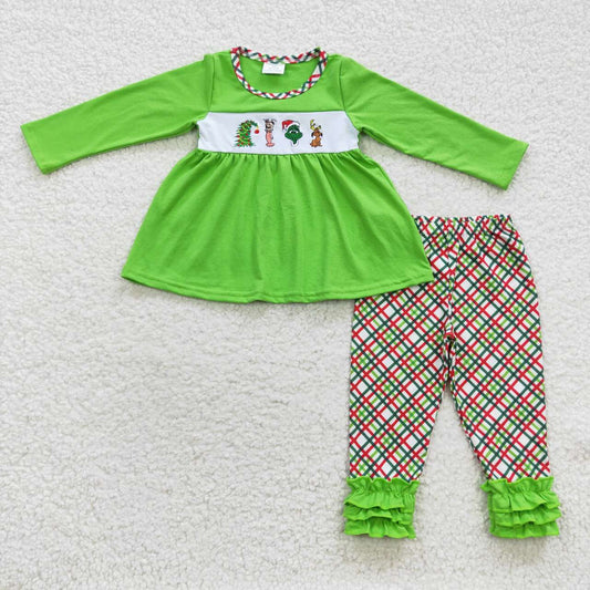 girl christmas outfit green embroidery tunic icing pants set