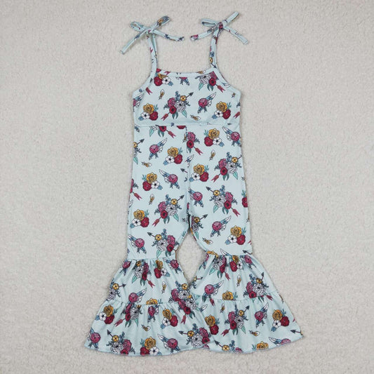 feather floral strap bell bottom jumpsuit