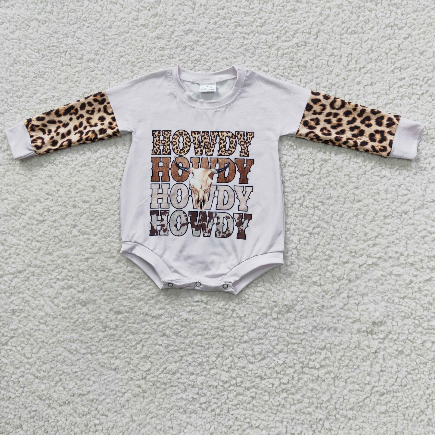 howdy leopard baby long sleeve romper